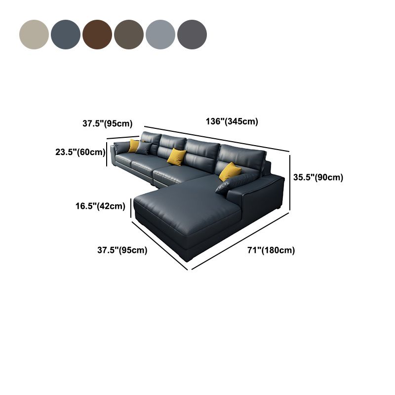 Faux Leather Sectional with 4 Pillows Back and Square Arm for Living Room