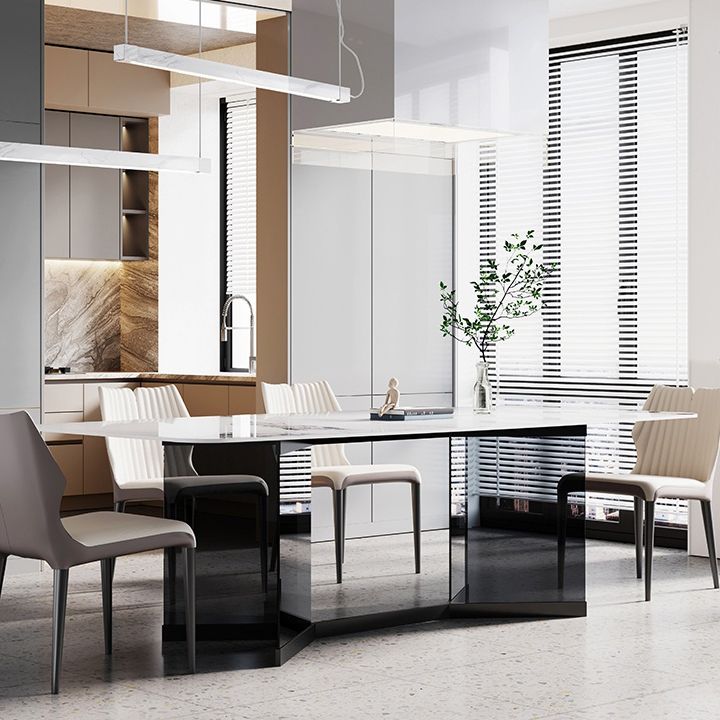 Glass Trestle Base Dining Table Modern Rectangle White Top Dining Room Table Clearhalo 'Dining Tables & Seating' 'Dining Tables' 'dining_table' 'furn' 'furn_dining_table' 'Furniture' 'Kitchen & Dining Furniture' 1200x1200_d41e44bf-db11-43fe-8111-becfd611520e