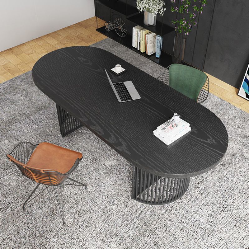 Solid Wood Oval Writing Desk 29.53-inch Tall Black Office Desk with Iron Legs Clearhalo 'furn' 'furn_office_desk' 'Furniture' 'Office Desks' 'Office Furniture' 'office_desk' 1200x1200_d42428c5-c23e-45ab-a94e-a87f062564c8
