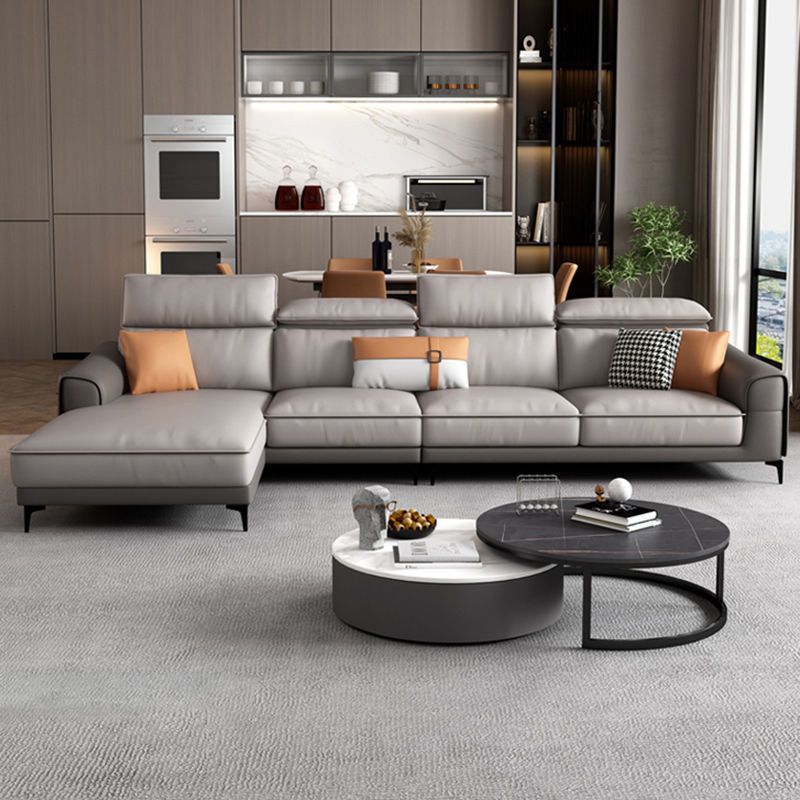 Faux lederen vierkante arm sectionals, 137 "l sectioneel grijs met kussens metalen benen