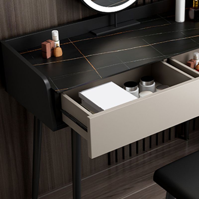 Coiffeuse contemporaine à 2 tiroirs avec plateau en pierre noire et tabouret