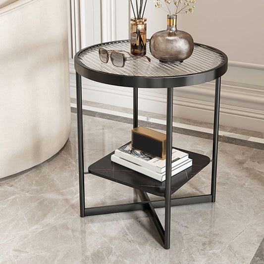 Modern Glass Side End Table Metal Cross Legs Round Corner Table