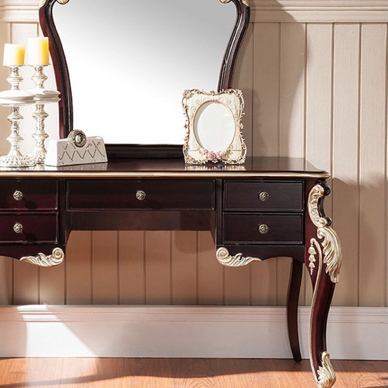 Contatore di trucco marrone con specchio da 19,68 "tavoli da vanità in legno largo con 5 cassetti