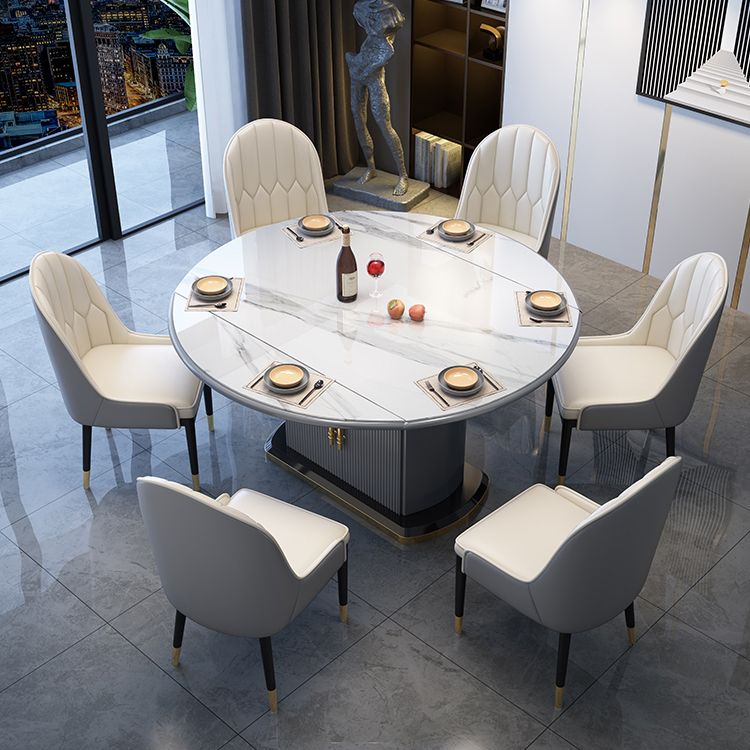 Contemporary Style Sintered Stone Dining Table with Self-Storing Leaf and Pedestal Base Clearhalo 'Dining Room Sets' 'Dining Tables & Seating' 'dining_room_set' 'furn' 'furn_dining_room_set' 'Furniture' 'furniture_dining_room_set' 'Kitchen & Dining Furniture' 'kitchen&dining_furn' 'kitchen' 1200x1200_d453ccff-6e93-4b5e-947f-9369f9d3115d