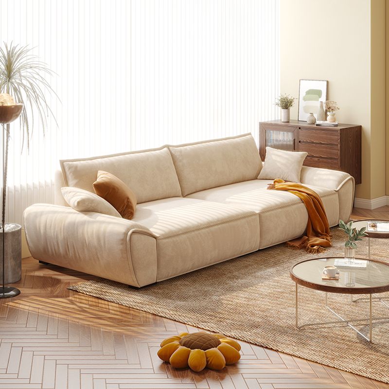 Beige Flared Arm Sofa Faux Leather Seating with Pillows for Living Room