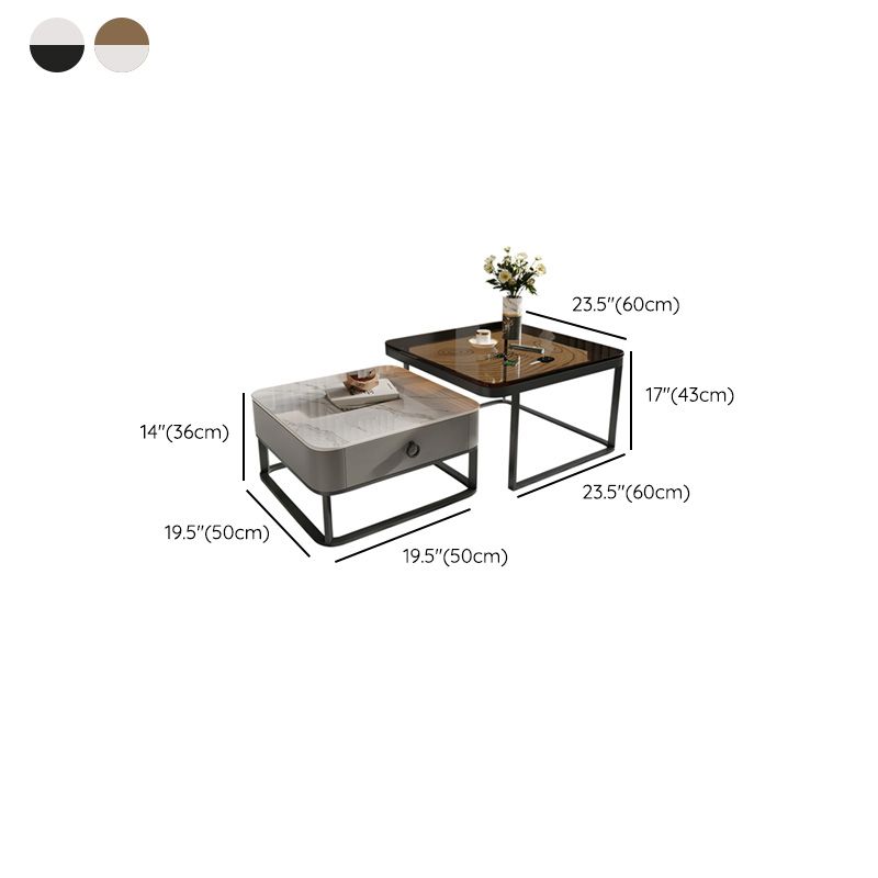 Table basse avec plateau en verre/ardoise, cadre contemporain, table de cocktail avec tiroirs