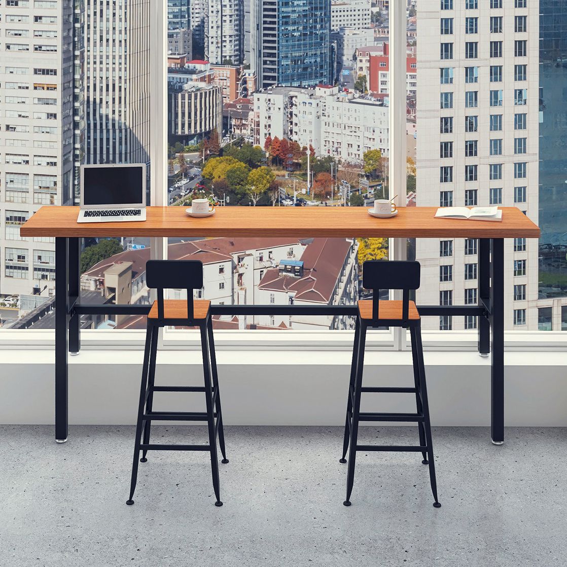 Solid Wood Dining Stools Low Back Bar Stools with Metal Legs