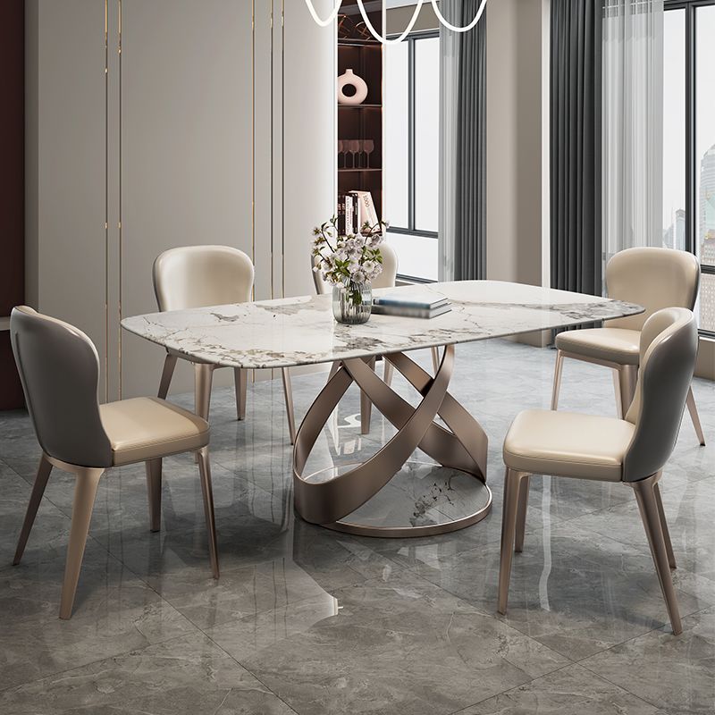 Modern Style Traditional Height Dining Set with Fixed Rectangle Shape Table and Gold Trestle Base Clearhalo 'Dining Room Sets' 'Dining Tables & Seating' 'dining_room_set' 'furn' 'furn_dining_room_set' 'Furniture' 'furniture_dining_room_set' 'Kitchen & Dining Furniture' 'kitchen&dining_furn' 'kitchen' 1200x1200_d49daac8-c8dc-48a3-abc5-9ee59f5faf9d