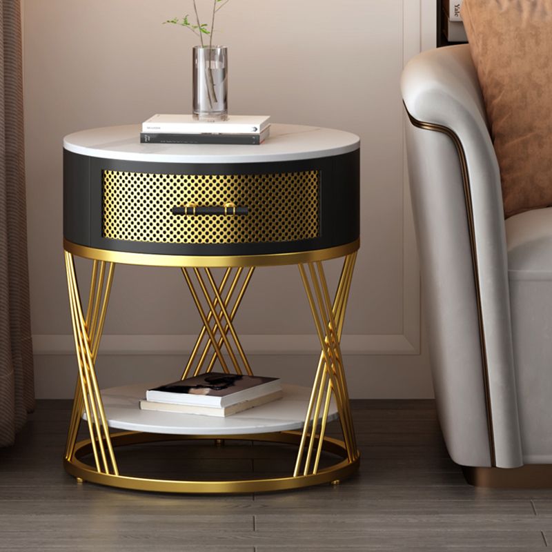 Round Side Table with 1 Drawer Metal Frame Side End Snack Table