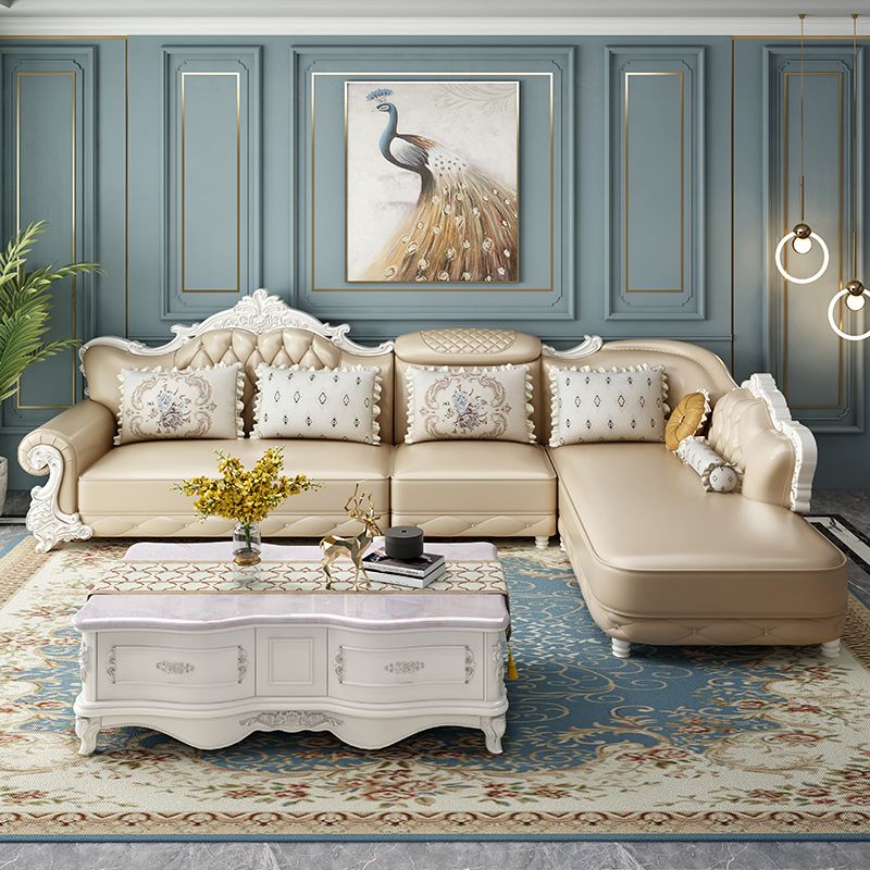 Tufted Scroll Arm Chesterfield Sofa and Chaise Genuine Leather Sofa with Pillows Clearhalo 'furn' 'furn_sectionals' 'Furniture' 'Living Room Furniture' 'Sectionals' 1200x1200_d4b0de62-e51c-4a6f-b6ae-af22bf579eb9
