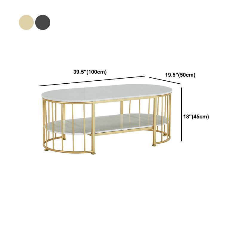Glam Oval Coffee Table with Marble Top and Storage Shelf and Steel Base