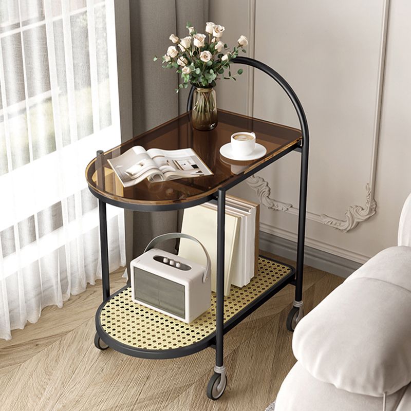 Mesa moderna de la esquina de vidrio mesa lateral de doble nivel con almacenamiento