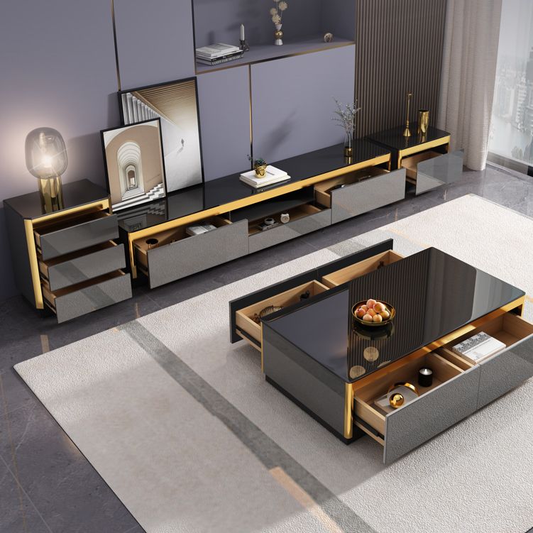 Glam TV Media Stand avec des tiroirs et une console de média TV en verre en bois