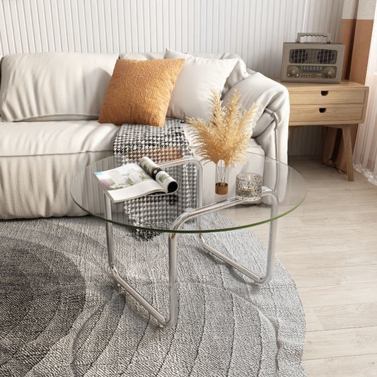 Modern Round Glass Coffee Table Stainsteel Sled Cocktail Table Clearhalo 'Coffee & Accent Tables' 'Coffee Tables' 'coffee_tables' 'furn' 'furn_coffee_tables' 'Furniture' 'Living Room Furniture' 1200x1200_d4e909a8-ec7d-46fa-b753-ad242238b54f
