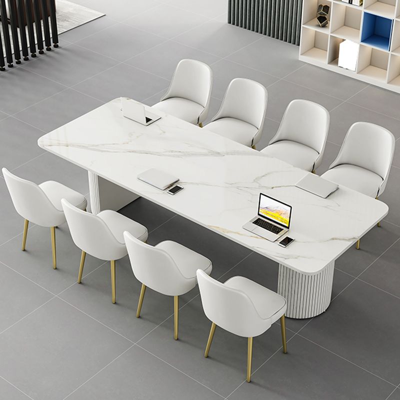 Tavolo da laptop rettangolare da ufficio grigio/scrivania in pietra bianca con 2 gambe