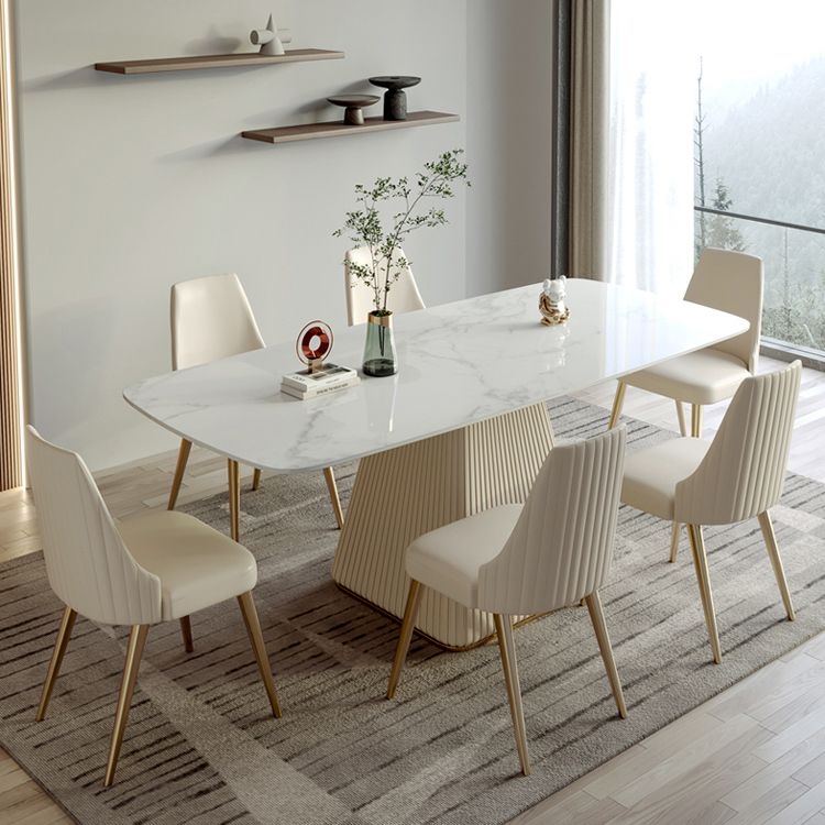 Modern Style Sintered Stone Dining Set with White Rectangle Shape Table and Pedestal Base Clearhalo 'Dining Room Sets' 'Dining Tables & Seating' 'dining_room_set' 'furn' 'furn_dining_room_set' 'Furniture' 'furniture_dining_room_set' 'Kitchen & Dining Furniture' 'kitchen&dining_furn' 'kitchen' 1200x1200_d4f67b10-ce11-4dae-b270-2335bd7da4ca