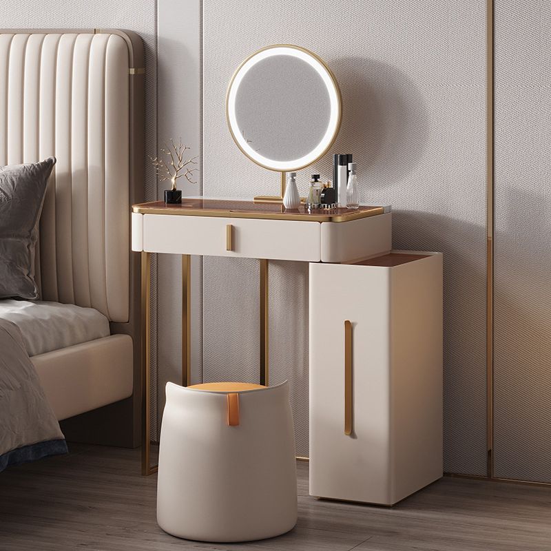 Luxuriöser Glas Waschtisch mit Spiegel & Stuhl 3 Schubladen Beige Dressing Tisch