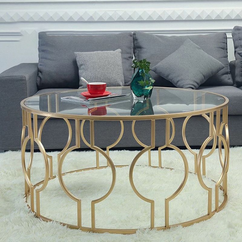Contemporary Round Glass Coffee Table Brass Metal Frame 1 Single Cocktail Table Clearhalo 'Coffee & Accent Tables' 'Coffee Tables' 'coffee_tables' 'furn' 'furn_coffee_tables' 'Furniture' 'Living Room Furniture' 1200x1200_d534f1a6-4a7b-42b3-8c24-fc7cbc4f8993