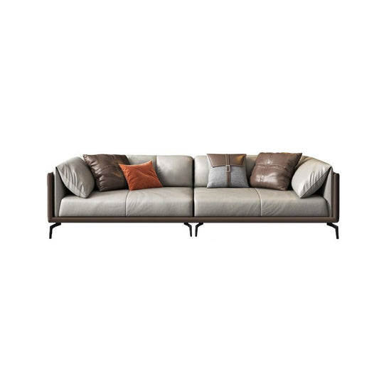 Pillow Top Arm Sofa Modern Leather Sofa with Pillows in Gray and Brown