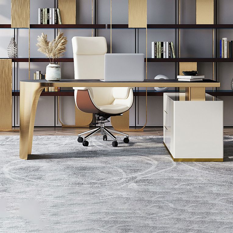 L-Shape Executive Desk Glam with Drawers Office Desk with Chrome Metal Base Clearhalo 'furn' 'furn_office_desk' 'Furniture' 'Office Desks' 'Office Furniture' 'office_desk' 1200x1200_d540d016-ebd8-4f07-a2c2-76ba2f513262