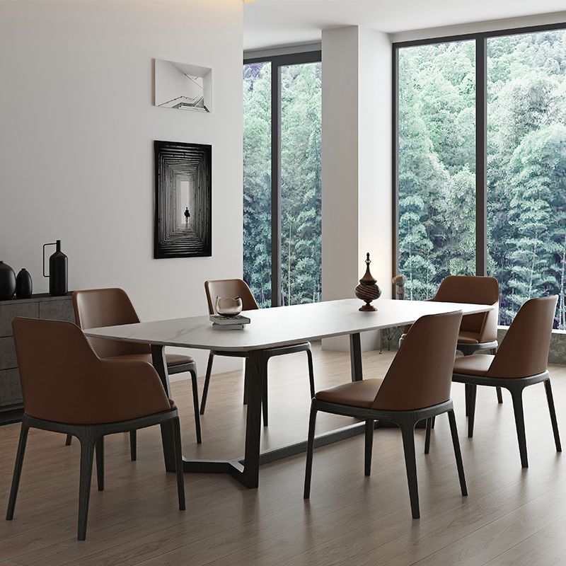 Rectangle Trestle Base Industrial Table White Fixed Table with Sintered Stone Clearhalo 'Dining Tables & Seating' 'Dining Tables' 'dining_table' 'furn' 'furn_dining_table' 'Furniture' 'furniture_dining_table' 'Kitchen & Dining Furniture' 1200x1200_d5498645-3e7f-4508-a117-81cea9d28c0f