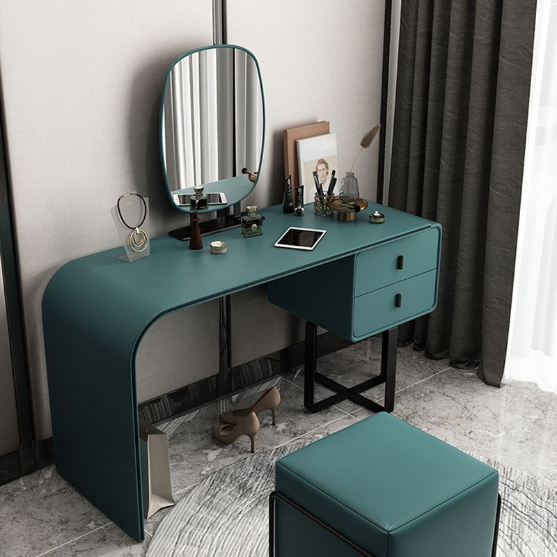 IJdelheid van 2 ladesset echte leer- en metalen make-upkapidafel met spiegel en ontlasting