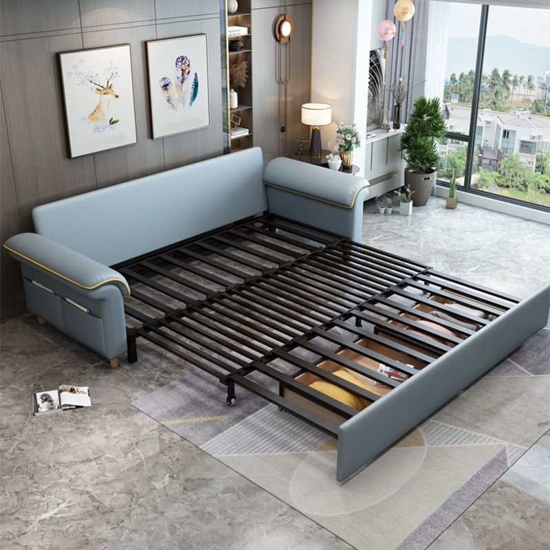 ストレージスカンジナビアソファベッドと青いフェイクレザースリーパーソファ