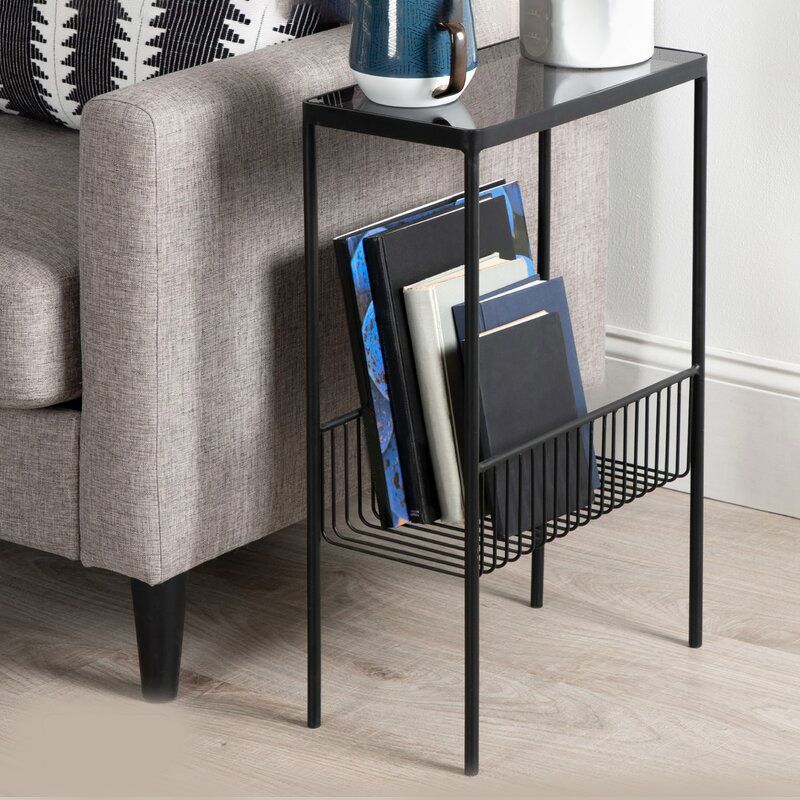 Rectangle Glass/ Metal Top Side Table 27.5" Tall 4 Legs End Table with Shelf