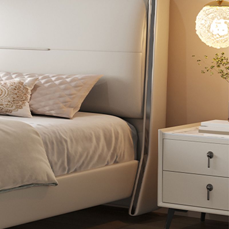 Letto moderno a pannello in legno beige vera pelle di pelle standard con testiera imbottita