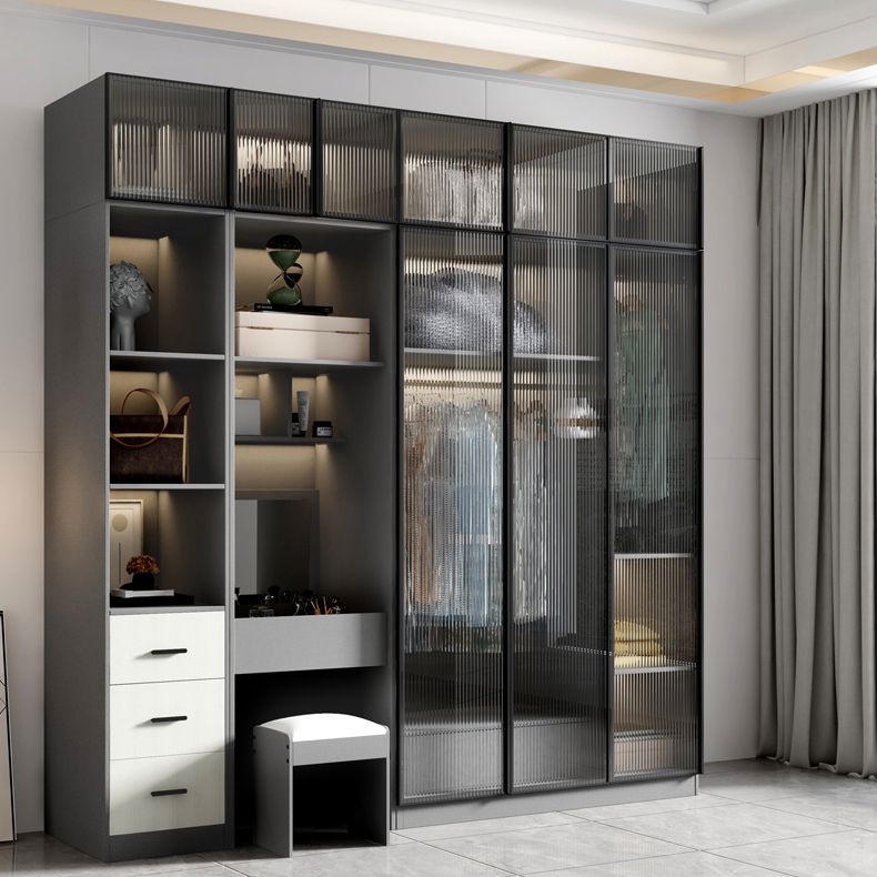 Glass and Wood Wardrobe Cabinet Modern Hinged Wardrobe Armoire