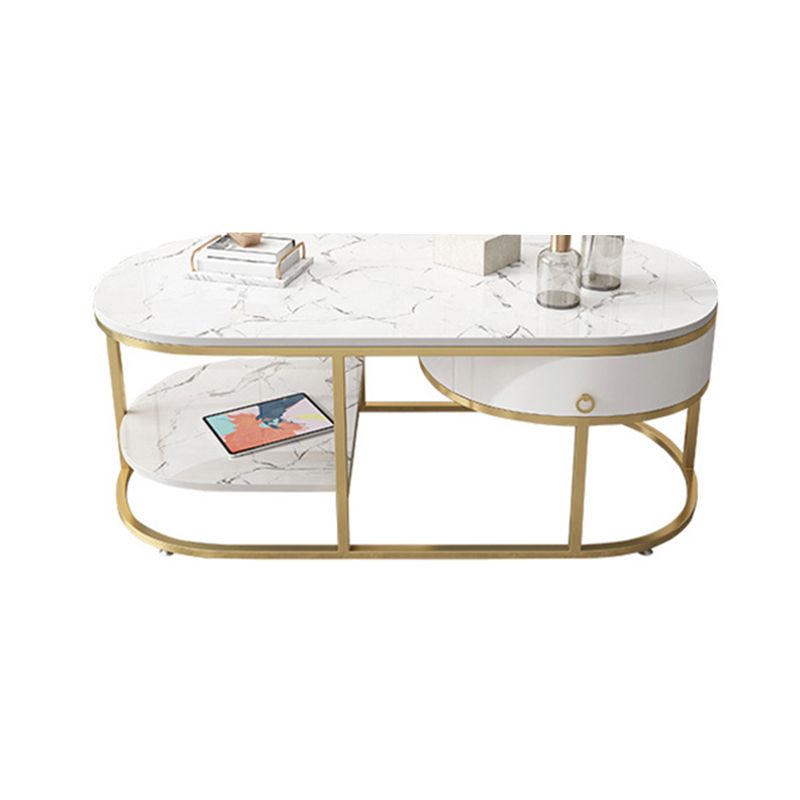 Glam Style Cocktail Table with Shelf and Drawer Stone Ova Top Coffee Table Clearhalo 'Coffee & Accent Tables' 'Coffee Tables' 'coffee_tables' 'furn' 'furn_coffee_tables' 'Furniture' 'Living Room Furniture' 1200x1200_d5a8f66b-a6c4-49e5-a420-d592a2ea5c89