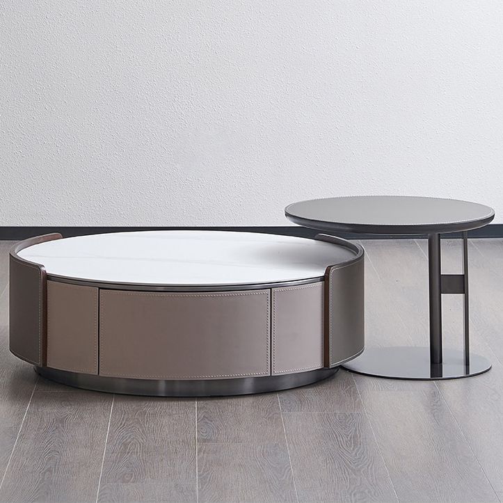 Slate and Leather Drum Coffee Table Modern Round Cocktail Table Set with Storage Clearhalo 'Coffee & Accent Tables' 'Coffee Tables' 'coffee_tables' 'furn' 'furn_coffee_tables' 'Furniture' 'Living Room Furniture' 1200x1200_d5a9ed08-6f92-474a-ba7c-0b71b1d0dfc7