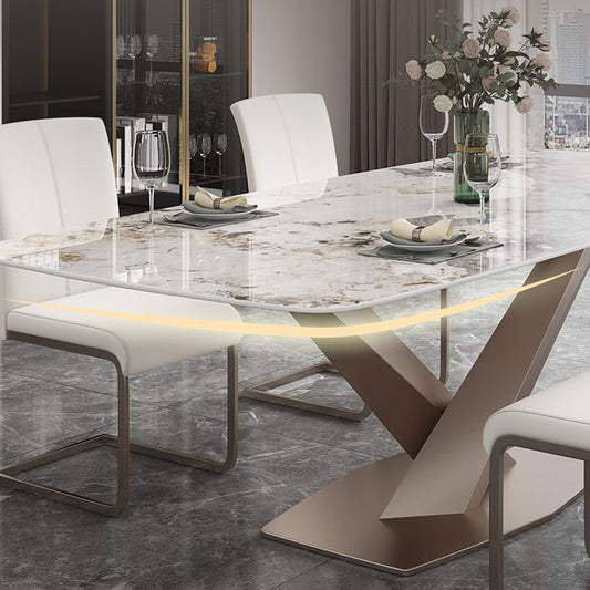 Mesa de comedor de piedra sinterizada de lujo Mesa de interior rectángulo con pedestal de metal dorado