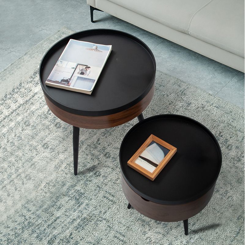 Modern Style Round 3 Legs Side Table Set in Black with Storage
