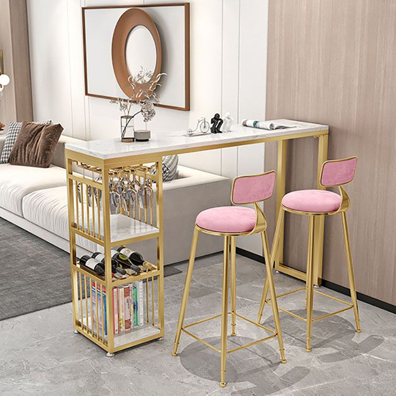 Glam White Marble Bar Dining Table Iron Double Pedestal Bistro Table with Shelve Clearhalo 'Bar Furniture' 'Bar Tables' 'bar_tables' 'furn' 'furn_bar_tables' 'Furniture' 'furniture_bar_tables' 'Kitchen & Dining Furniture' 'kitchen&dining_furn' 'kitchen' 1200x1200_d5c6bdff-45a8-450a-a117-f0668ef43c16