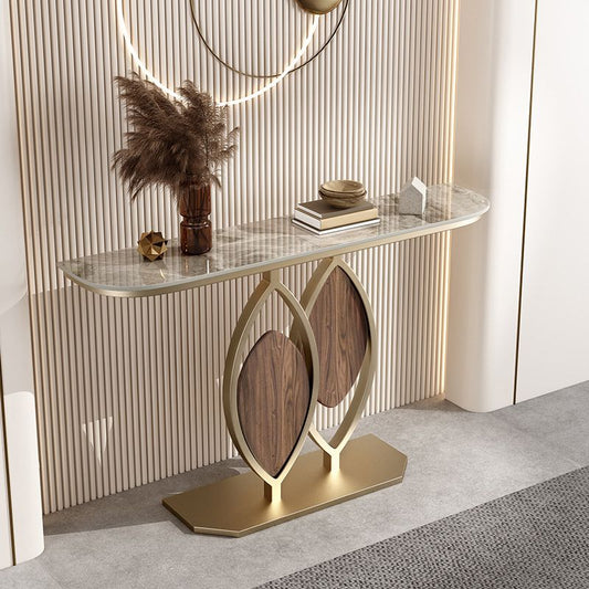 31.5" Tall Stone Glam Console Table Half Moon Accent Table with 1 Shelf