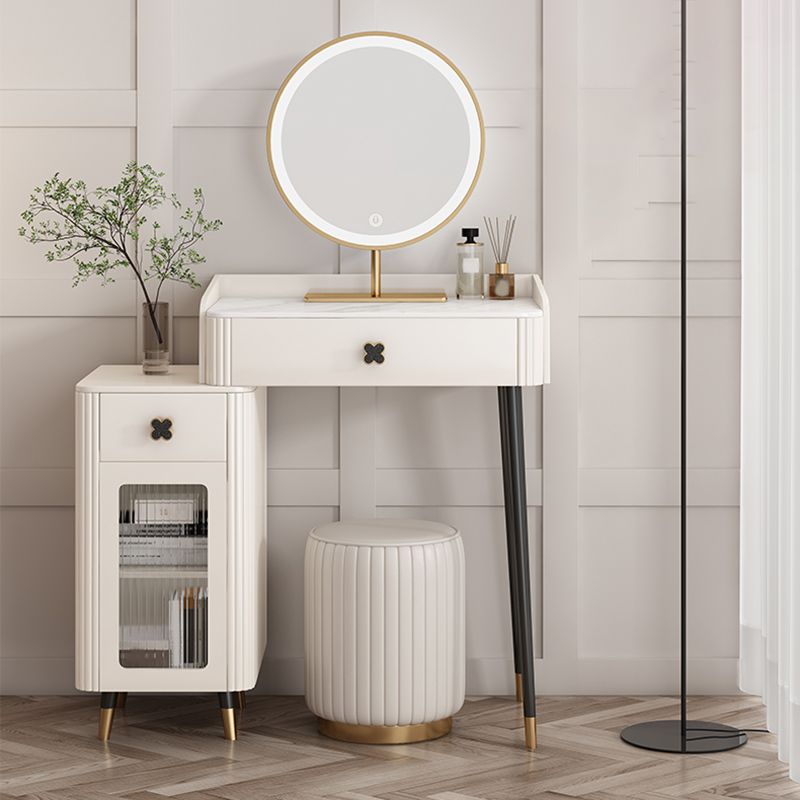 Contemporary Stone Vanity Dressing Table Set with Stool in White of 29.53" H