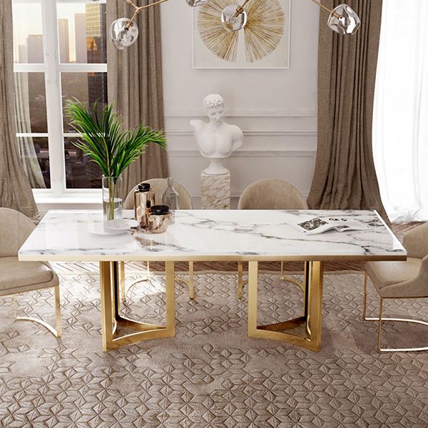 Luxury Sintered Stone Top Kitchen Table Rectangle Table with Gold Double Pedestal Clearhalo 'Dining Tables & Seating' 'Dining Tables' 'dining_table' 'furn' 'furn_dining_table' 'Furniture' 'furniture_dining_table' 'Kitchen & Dining Furniture' 1200x1200_d60652e4-6826-40fb-8afa-3ef8bb231579