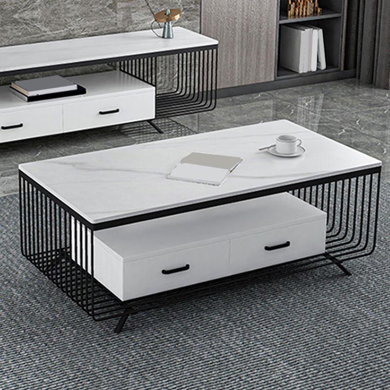 Rectangular Stone 4 Legs Coffee Cocktail Table with 2 Drawers Clearhalo 'Coffee & Accent Tables' 'Coffee Tables' 'coffee_tables' 'furn' 'furn_coffee_tables' 'Furniture' 'Living Room Furniture' 1200x1200_d61aad8c-b336-4293-a229-3a33d3f856ee