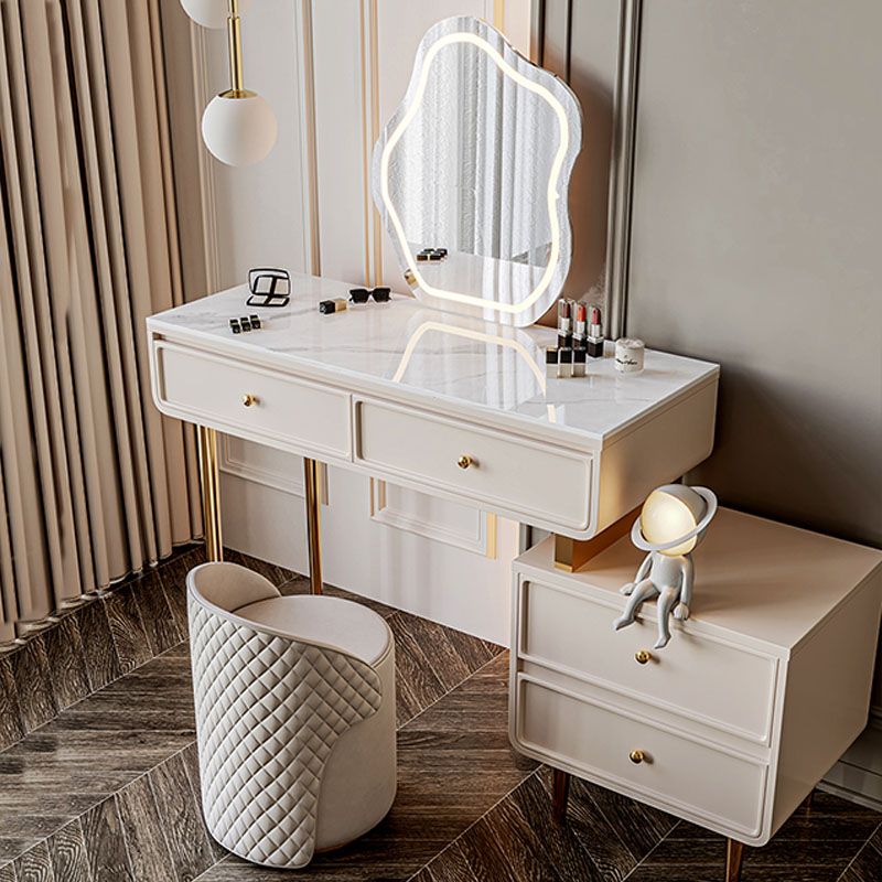 Wood and Stone with Drawers Vanity Table in White/Grey Makeup Desk