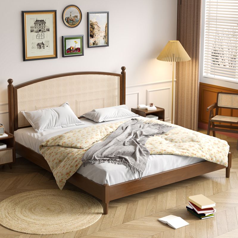 Cama estándar de paneles de madera tropical, cama arqueada y cabecera de ratán