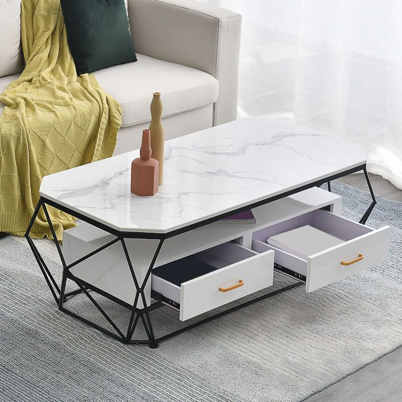 17.7" H Glam Rectangle Coffee Table Iron Frame Cocktail Table with 2 Drawers