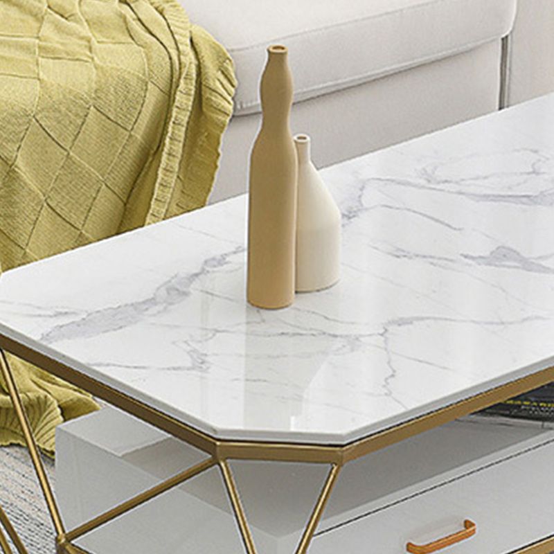 Glam Coffee Table with Glass/Marble Top and 2 Drawers and Iron Base Clearhalo 'Coffee & Accent Tables' 'Coffee Tables' 'coffee_tables' 'furn' 'furn_coffee_tables' 'Furniture' 'Living Room Furniture' 1200x1200_d6a91f13-cf0b-4930-a78d-e836d0aaa874