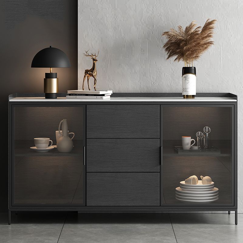 Soggiorno moderno server da pranzo in pietra e porte di vetro in legno