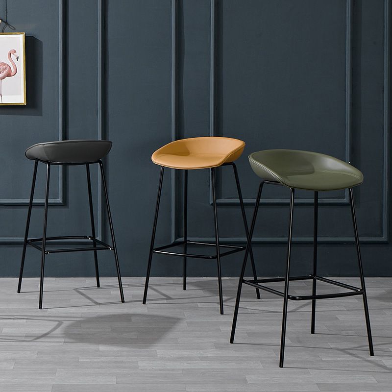Modern Leather Counter Bar Stool Black Base Footrest Low Back Counter Stool