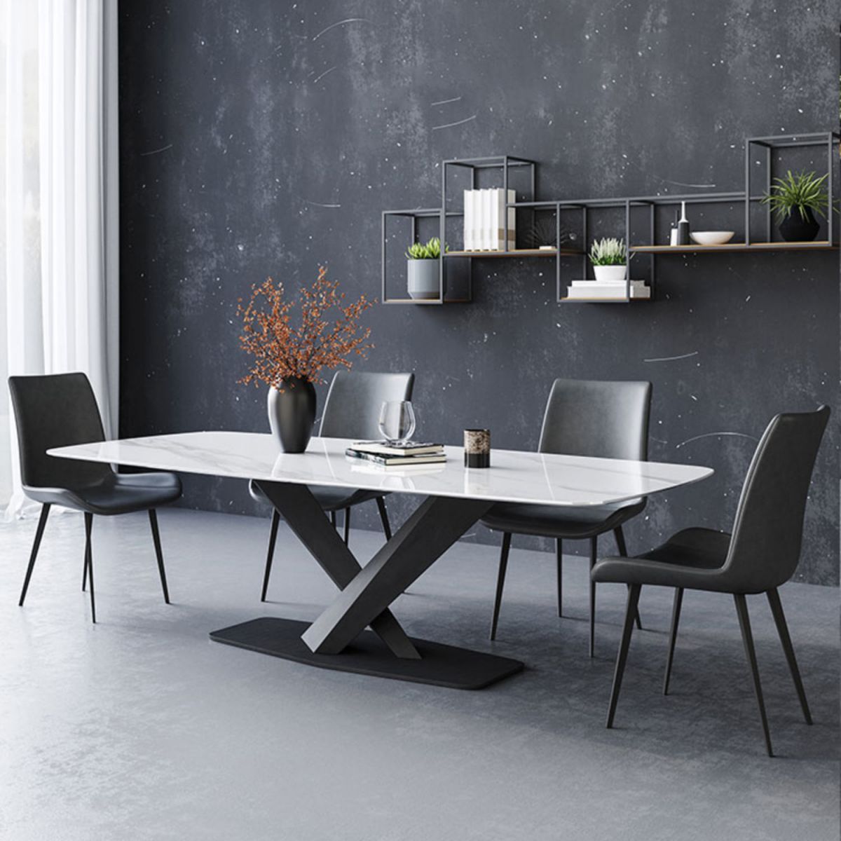 Modern Style Sintered Stone Dining Table with White Table and Black Trestle Base for Home Use Clearhalo 'Dining Room Sets' 'Dining Tables & Seating' 'dining_room_set' 'furn' 'furn_dining_room_set' 'Furniture' 'furniture_dining_room_set' 'Kitchen & Dining Furniture' 'kitchen&dining_furn' 'kitchen' 1200x1200_d6f06c35-8e94-43aa-a504-87c106c72cb5