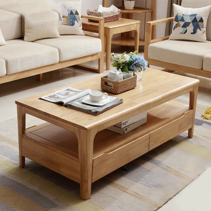 Rectangular 4 Legs Base Design Solid Wood Table with Drawer Coffee Table