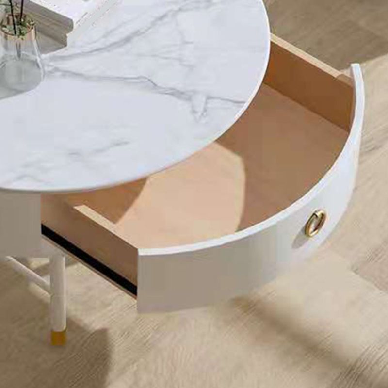Round Slate Top Cocktail Table 1-Drawer 4 Legs Coffee Table in White of 17.7" H