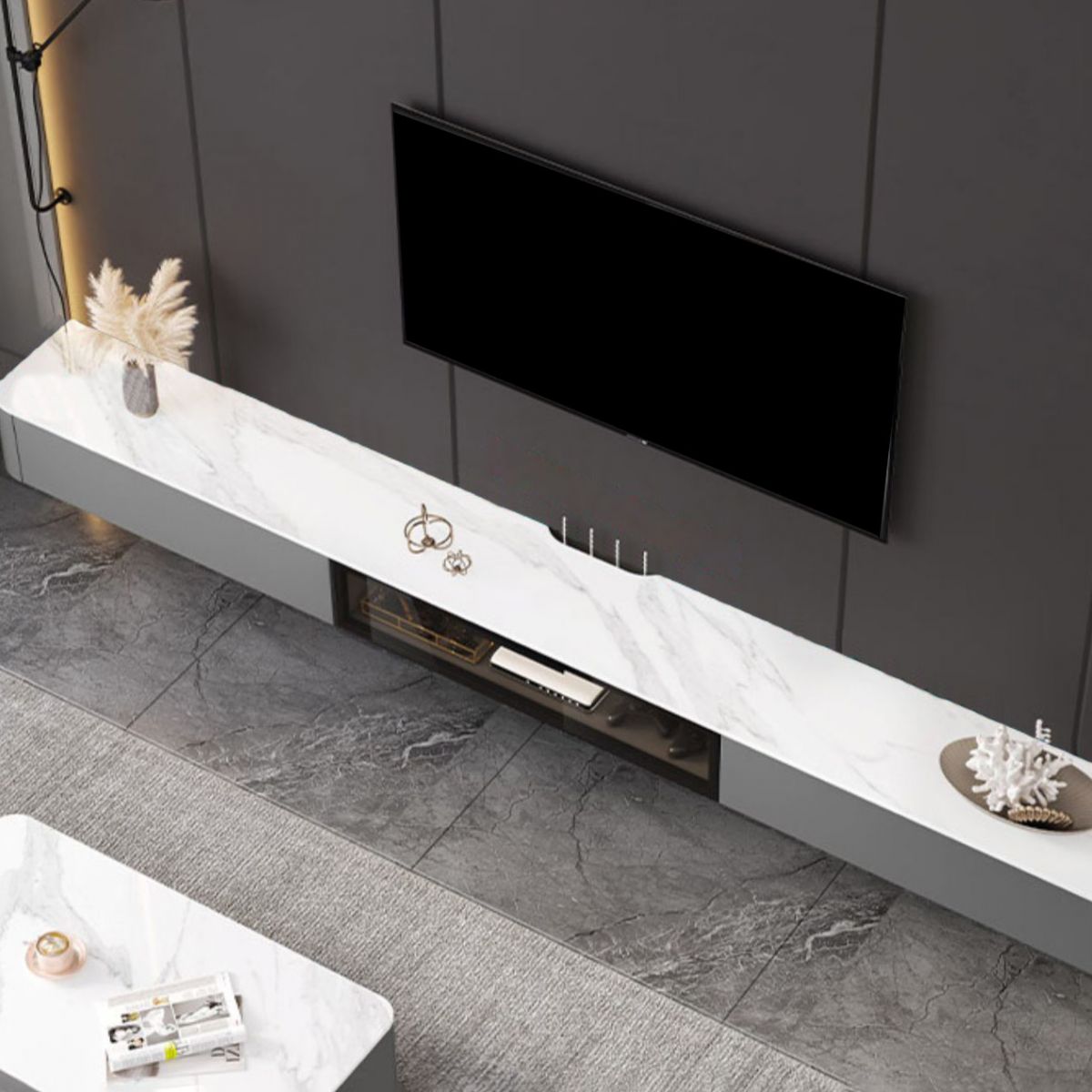 Console multimediale per TV con contenitore chiuso Console multimediale in pietra con cassetti