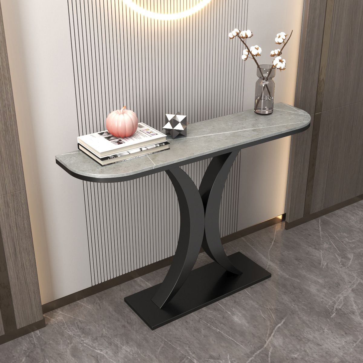 Tavolo da tavolo resistente alla macchia Tabella glam di pietra 11.81 "W x 31.49" H Half Moon Tavolo